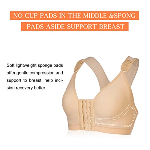Wonderience Sports Support Bra Post-Surgical Wide Adjustable Straps with Front Closure Wirefree (Beige, Medium)