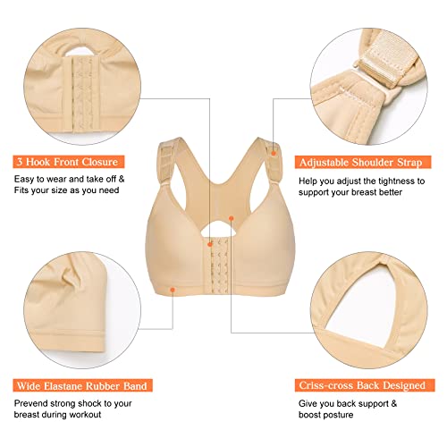 Wonderience Sports Support Bra Post-Surgical Wide Adjustable Straps with Front Closure Wirefree (Beige, Medium)