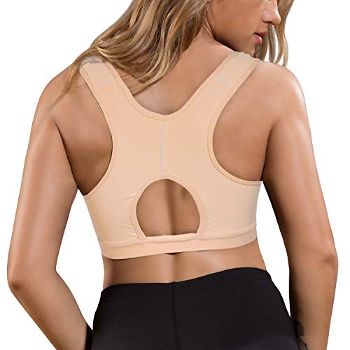 Wonderience Sports Support Bra Post-Surgical Wide Adjustable Straps with Front Closure Wirefree (Beige, Medium)