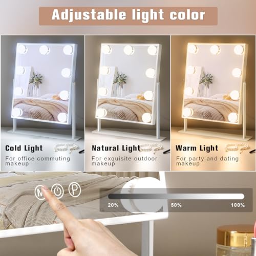 Leishe Vanity Mirror with Lights Hollywood Lighted Makeup Mirror with 9 Dimmable Bulbs & 3 Color Lighting Modes, Detachable 10X Magnification Mirror and 360 Degree Rotation(White)