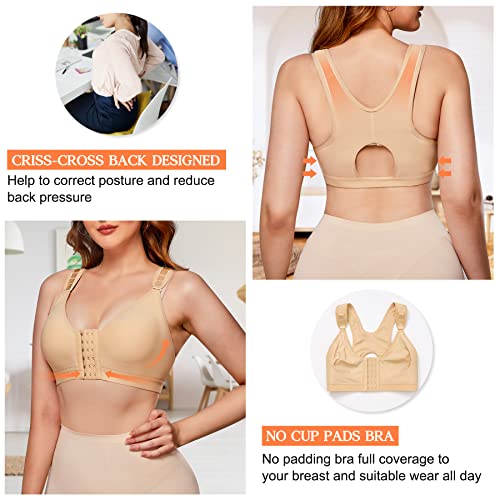 Wonderience Sports Support Bra Post-Surgical Wide Adjustable Straps with Front Closure Wirefree (Beige, Medium)