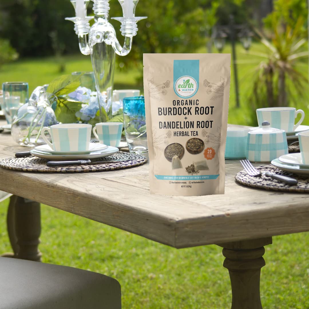 Earth & Water Company: Burdock Root + Dandelion Root, Cut & Sifted, Dried, Certified Organic, Kosher | 20 Natural, Unbleached Tea Bags