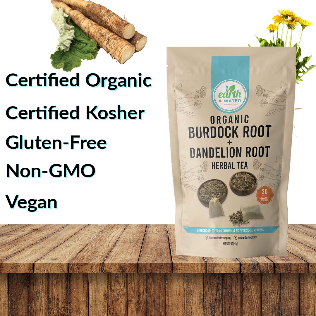 Earth & Water Company: Burdock Root + Dandelion Root, Cut & Sifted, Dried, Certified Organic, Kosher | 20 Natural, Unbleached Tea Bags