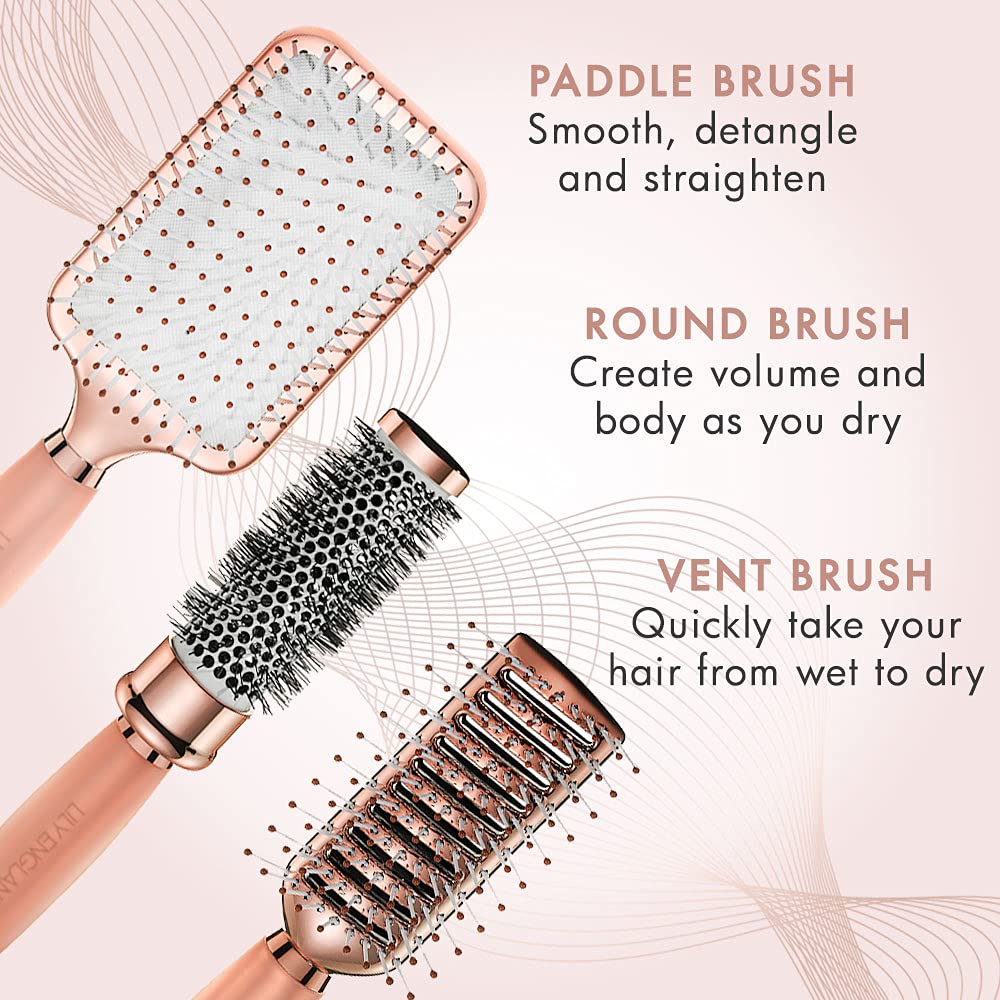 Lily England Professional Hair Brush Set for Women & Teen Girls - Perfect Valentine Gifts for Her - Paddle Brush, Blow-Drying Round Brush & Drying Vented Hair Brush for Hair Styling, Rose Gold