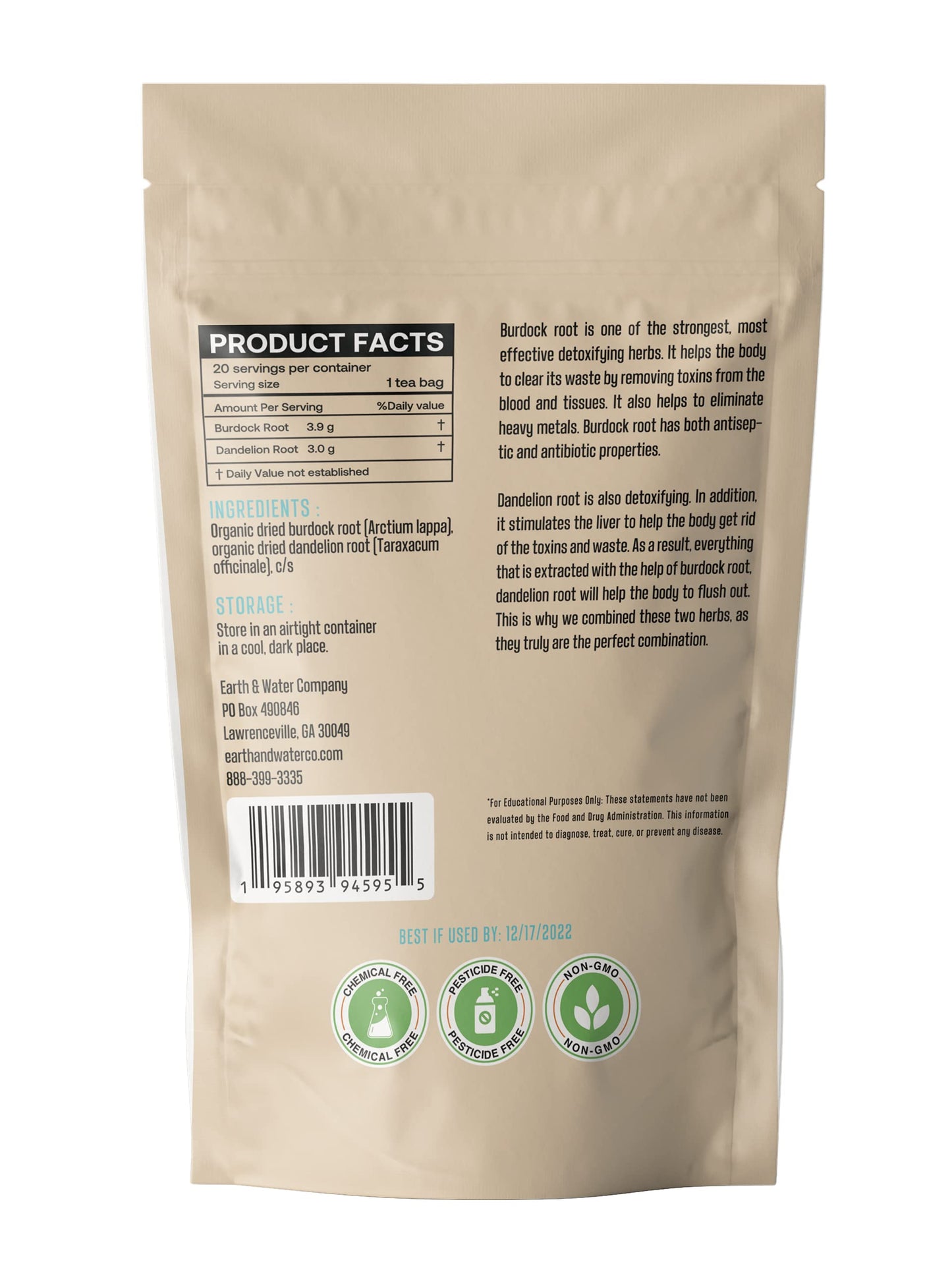 Earth & Water Company: Burdock Root + Dandelion Root, Cut & Sifted, Dried, Certified Organic, Kosher | 20 Natural, Unbleached Tea Bags
