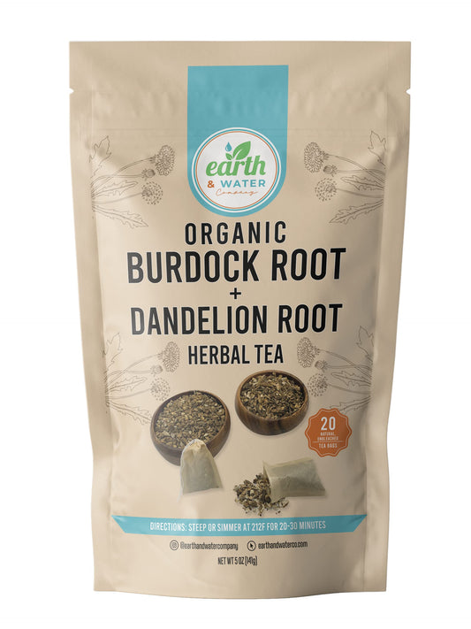 Earth & Water Company: Burdock Root + Dandelion Root, Cut & Sifted, Dried, Certified Organic, Kosher | 20 Natural, Unbleached Tea Bags