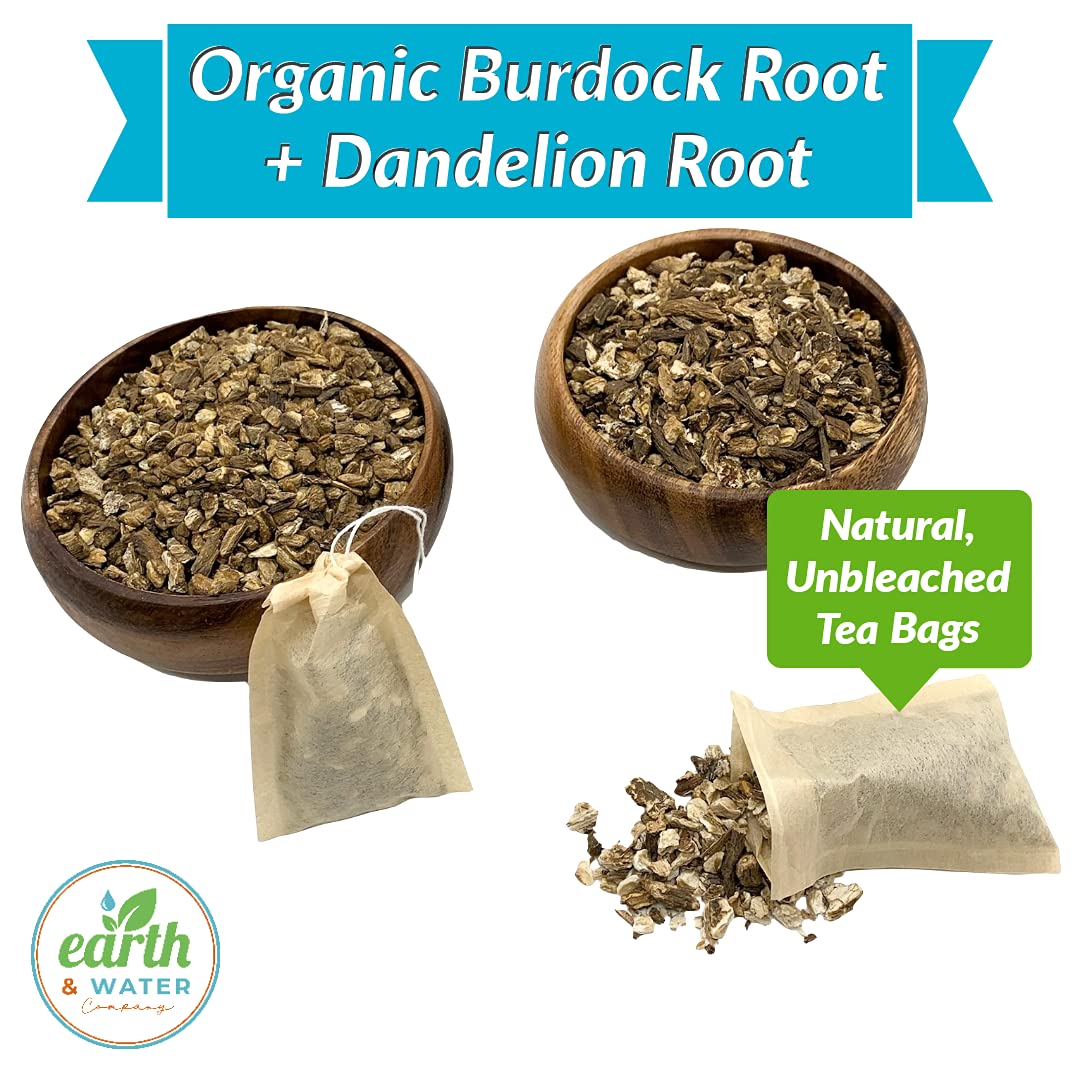 Earth & Water Company: Burdock Root + Dandelion Root, Cut & Sifted, Dried, Certified Organic, Kosher | 20 Natural, Unbleached Tea Bags