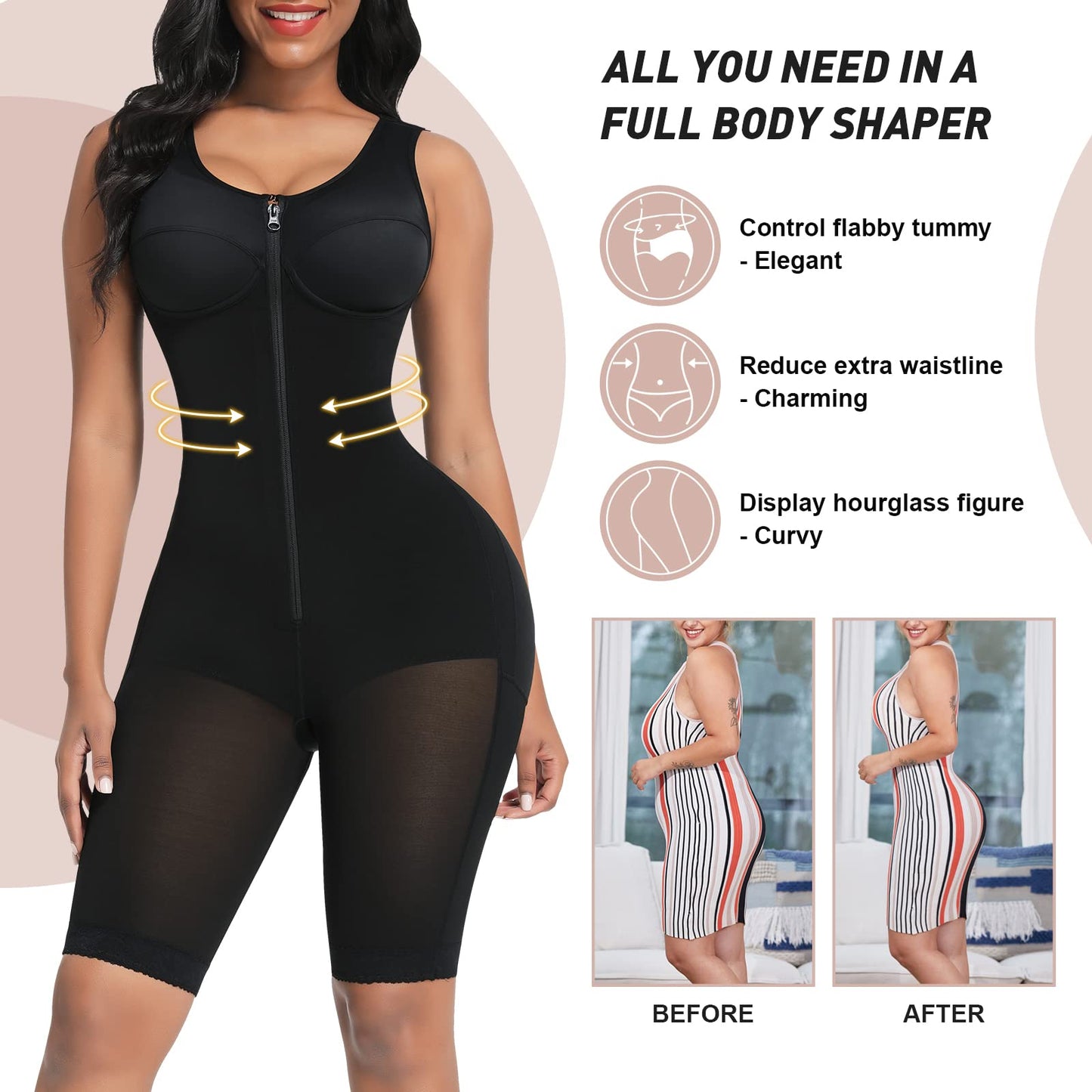 FeelinGirl Shapewear for Women Tummy Control Full Body Shaper Butt Lifter Shapewear Bodysuit Black Small
