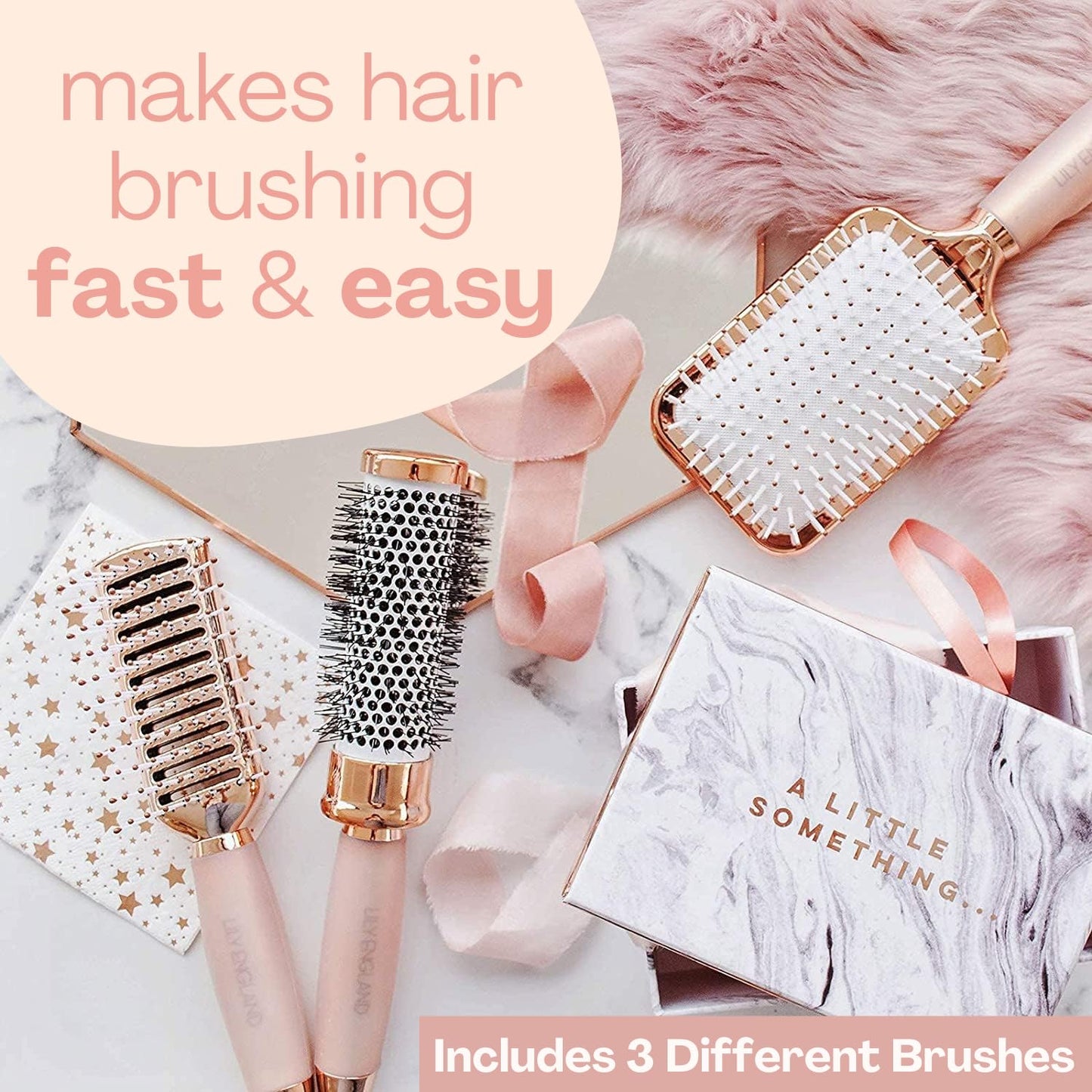 Lily England Professional Hair Brush Set for Women & Teen Girls - Perfect Valentine Gifts for Her - Paddle Brush, Blow-Drying Round Brush & Drying Vented Hair Brush for Hair Styling, Rose Gold