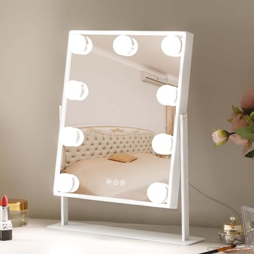 Leishe Vanity Mirror with Lights Hollywood Lighted Makeup Mirror with 9 Dimmable Bulbs & 3 Color Lighting Modes, Detachable 10X Magnification Mirror and 360 Degree Rotation(White)