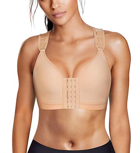 Wonderience Sports Support Bra Post-Surgical Wide Adjustable Straps with Front Closure Wirefree (Beige, Medium)